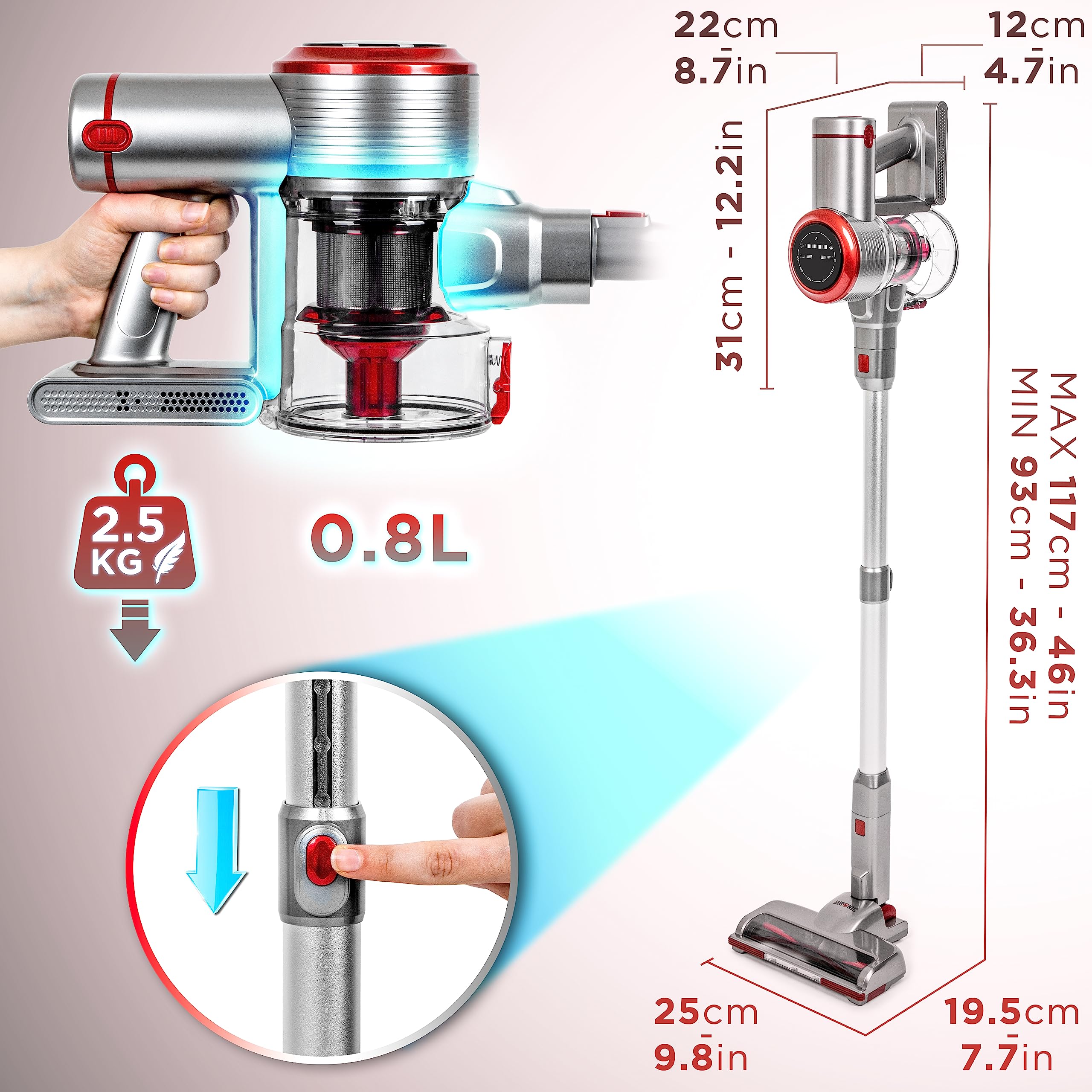 Duronic Cordless Vacuum Cleaner displaying its 2.5 kg weight, 0.8L dust capacity, and adjustable height ranging from 93cm to 117cm.