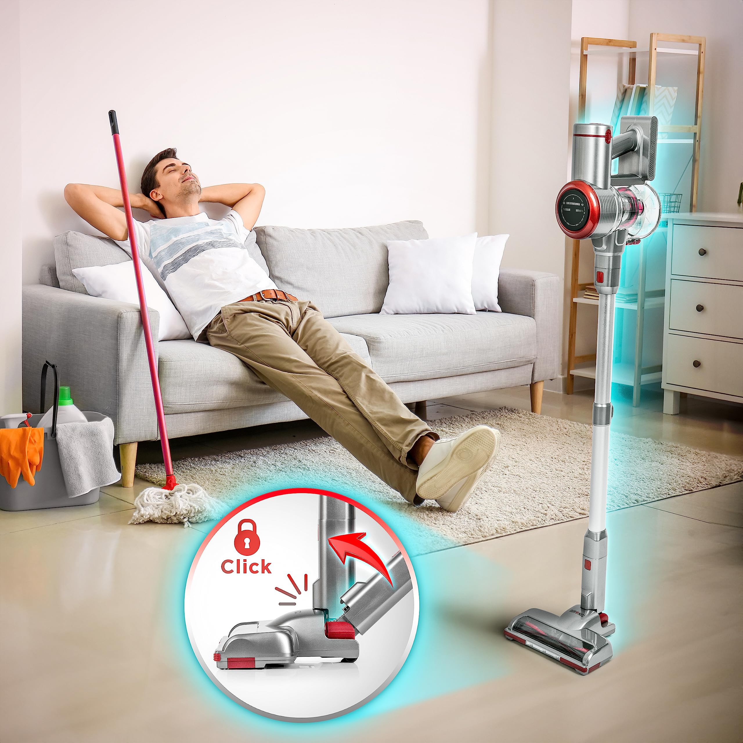 Duronic Cordless Vacuum Cleaner featuring a close-up of its easy-click locking mechanism.