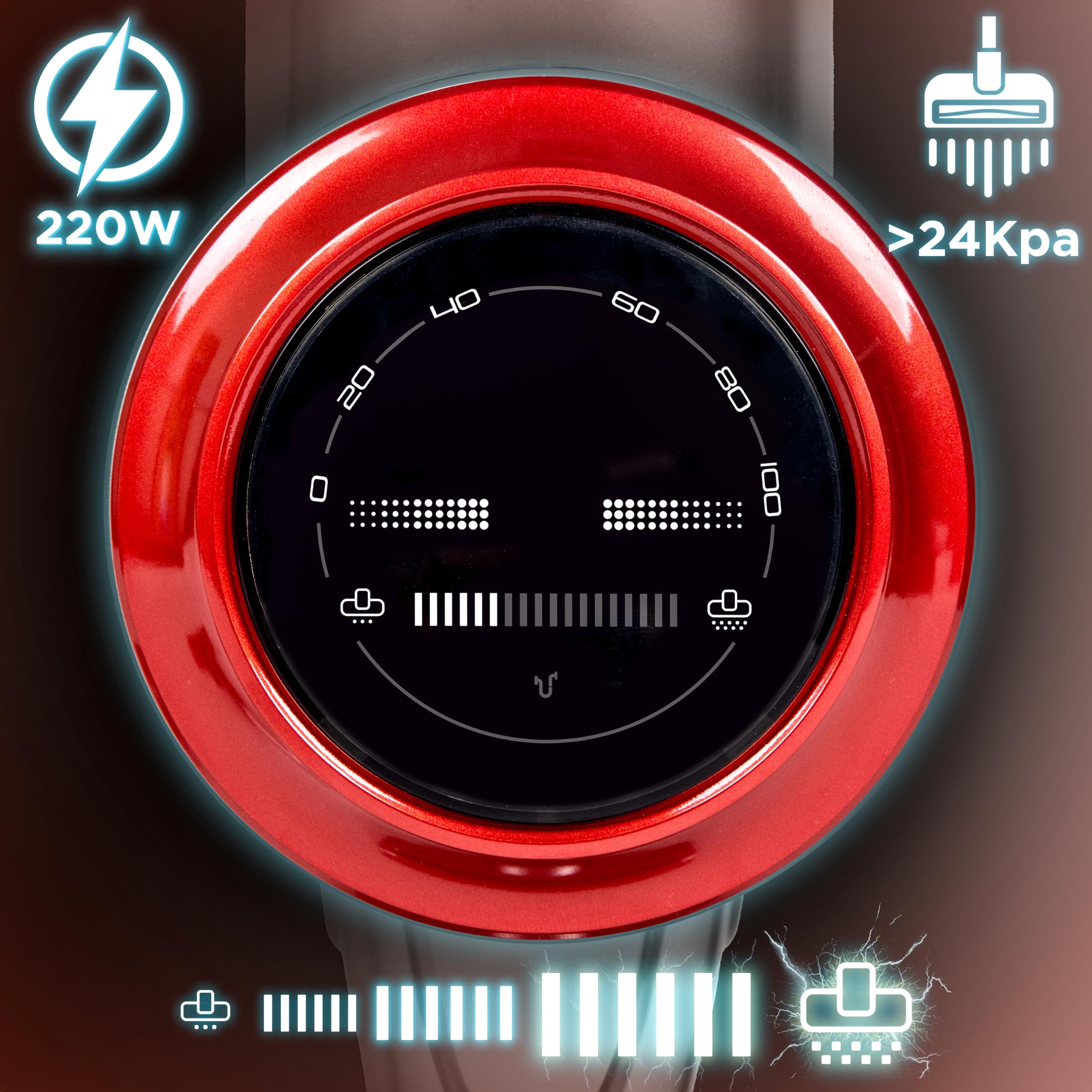 Duronic Cordless Vacuum Cleaner with display interface featuring a red metallic trim and technical specs for 220W power and 24Kpa suction.