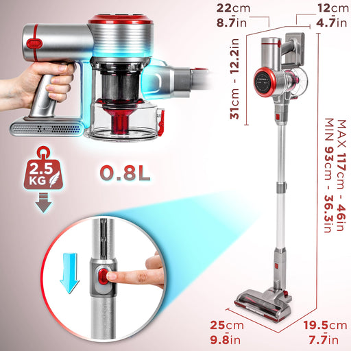 Duronic Cordless Vacuum shown with detailed dimensions, a 2.5kg lightweight design, a 0.8L dustbin capacity, and an adjustable height ranging from 93cm to 117cm.