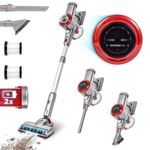 Duronic Cordless Vacuum shown with its LED display, interchangeable brush attachments, and dual battery capability for multi-surface home cleaning.