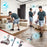 Duronic Cordless Vacuum with a man demonstrating the versatility of a lightweight 2.5 kg cordless stick vacuum using three different attachments to clean hardwood floors, high curtains, and a beige sofa.