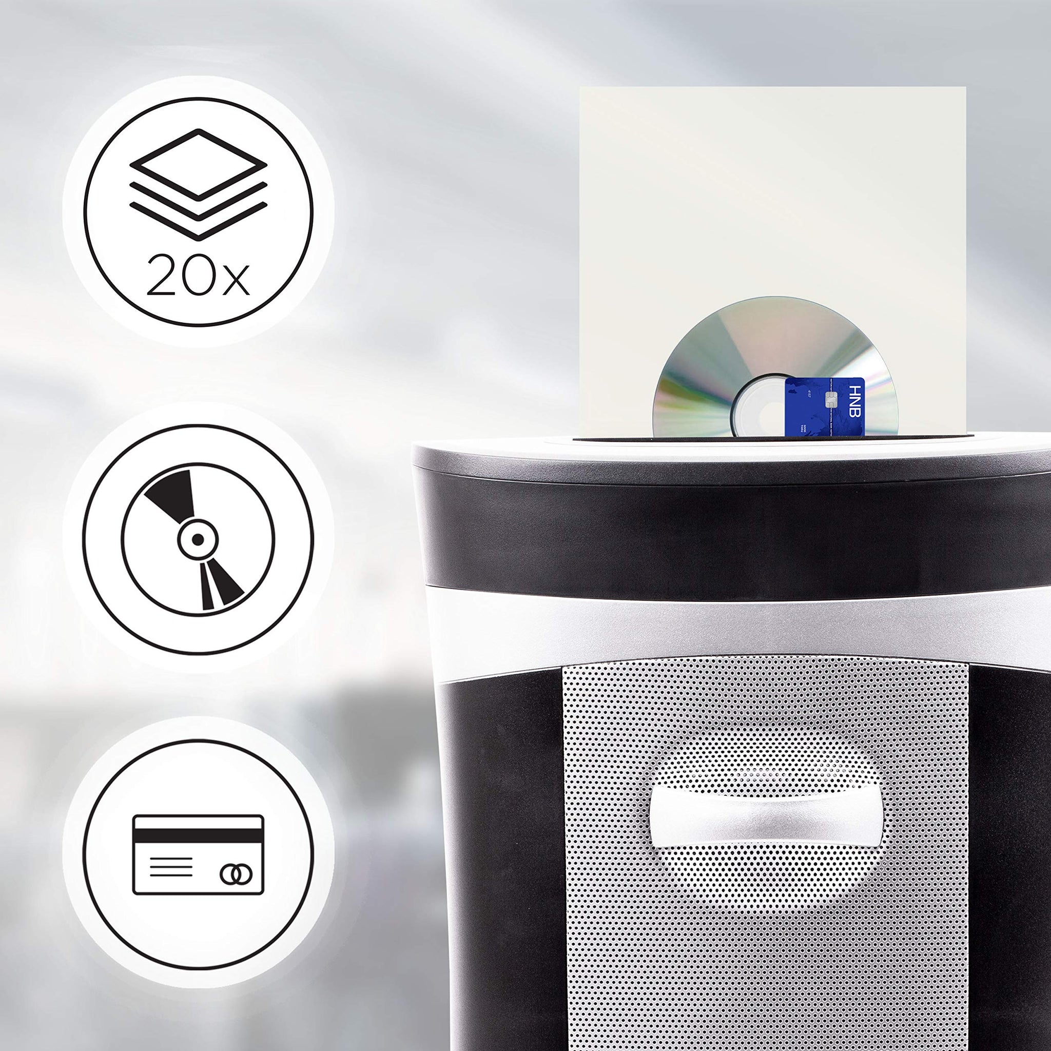 Duronic Cross Cut Paper Shredder destroying up to 20 sheets, compact discs, and credit cards.