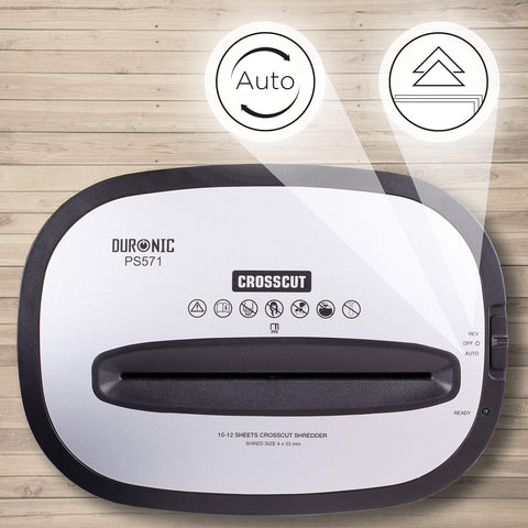 Duronic Cross Cut Paper Shredder featuring a modern silver and black design.