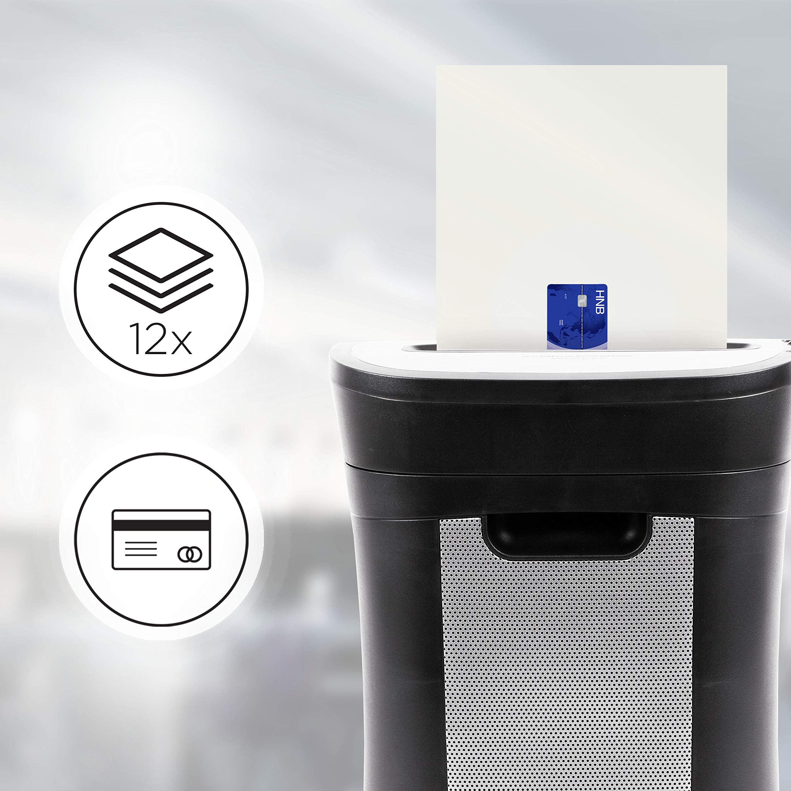 Duronic Cross Cut Paper Shredder featuring icons highlighting its capacity.