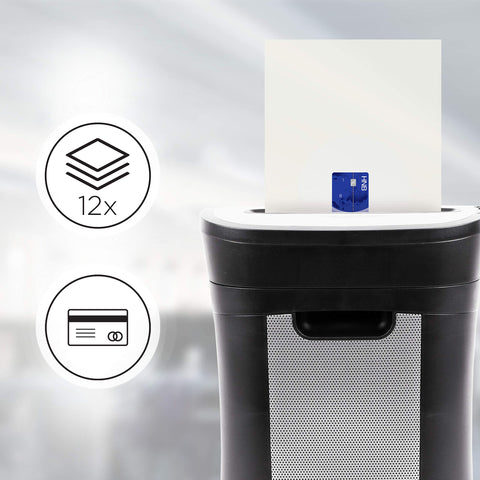 Duronic Cross Cut Paper Shredder featuring icons highlighting its capacity.