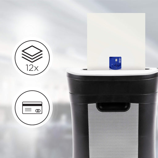 Duronic Cross Cut Paper Shredder featuring icons highlighting its capacity.