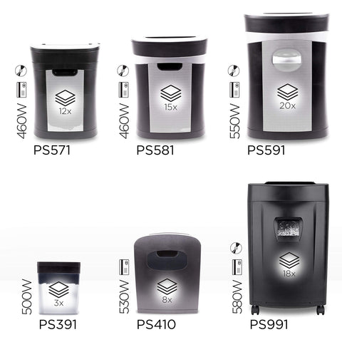 Duronic Cross Cut Paper Shredder showing six black paper shredder models: PS571, PS581, PS591, PS391, PS410, and PS991.