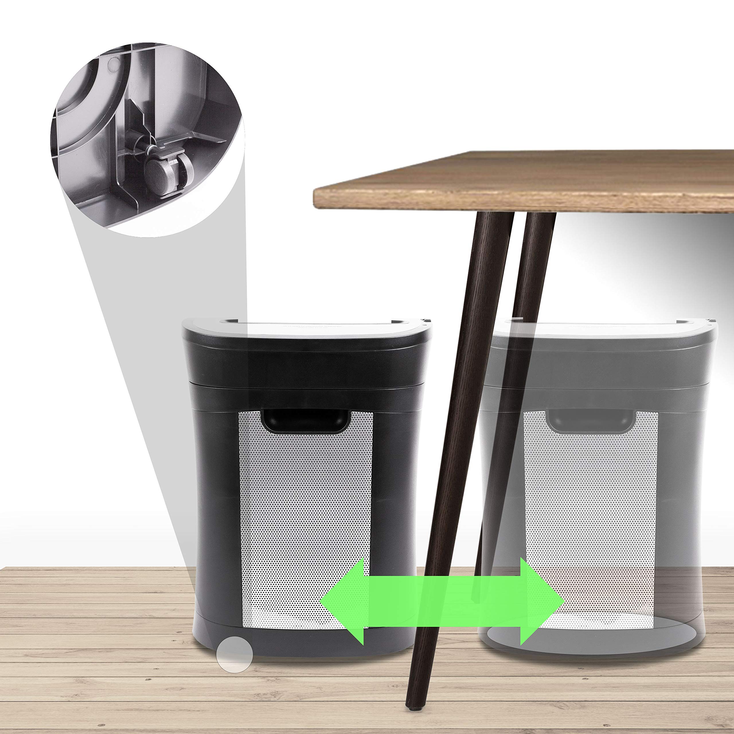 Duronic Cross Cut Paper Shredder shown sliding smoothly in and out from under a desk.