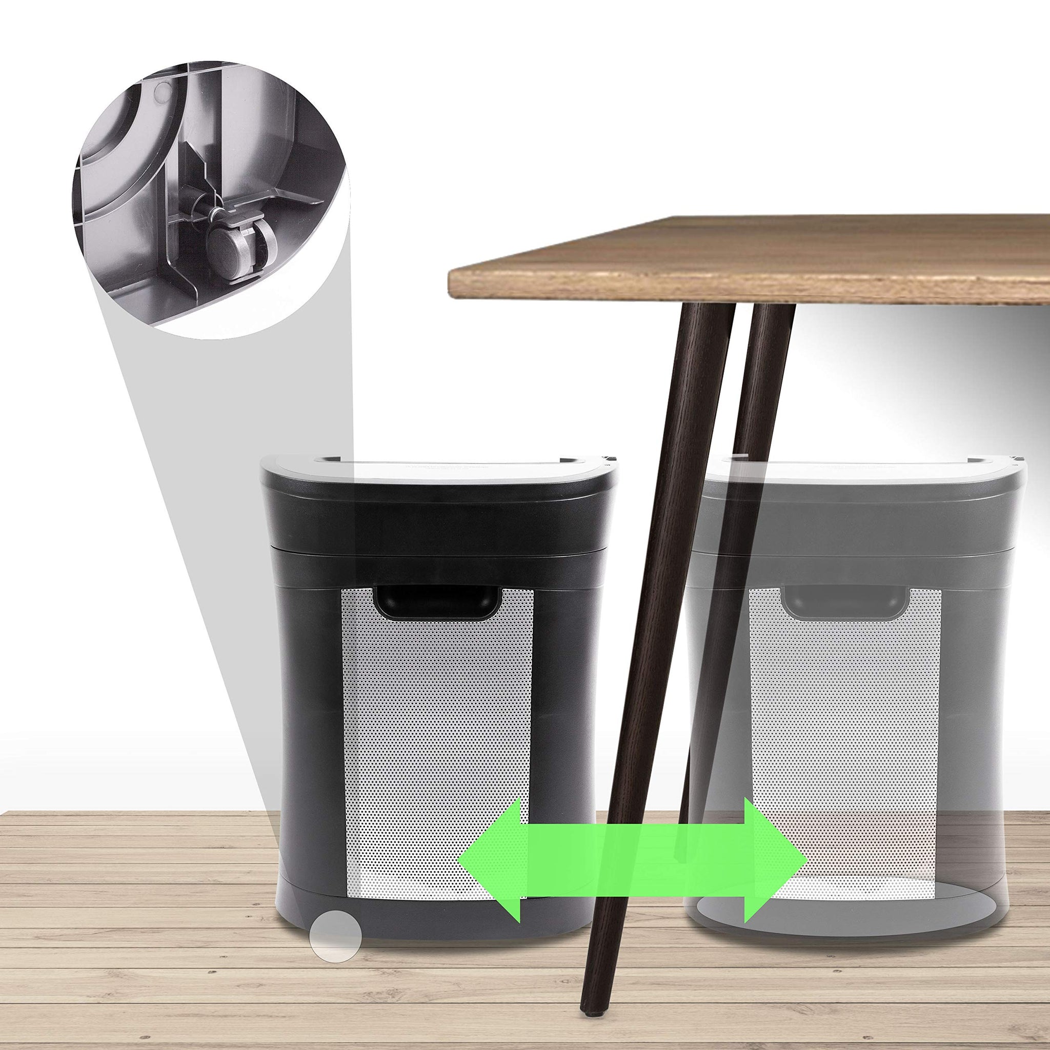 Duronic Cross Cut Paper Shredder shown sliding smoothly in and out from under a desk.