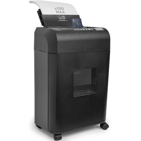 Duronic Cross Cut Paper Shredder with 100-sheet capacity tray, credit card slot, and rolling wheels.