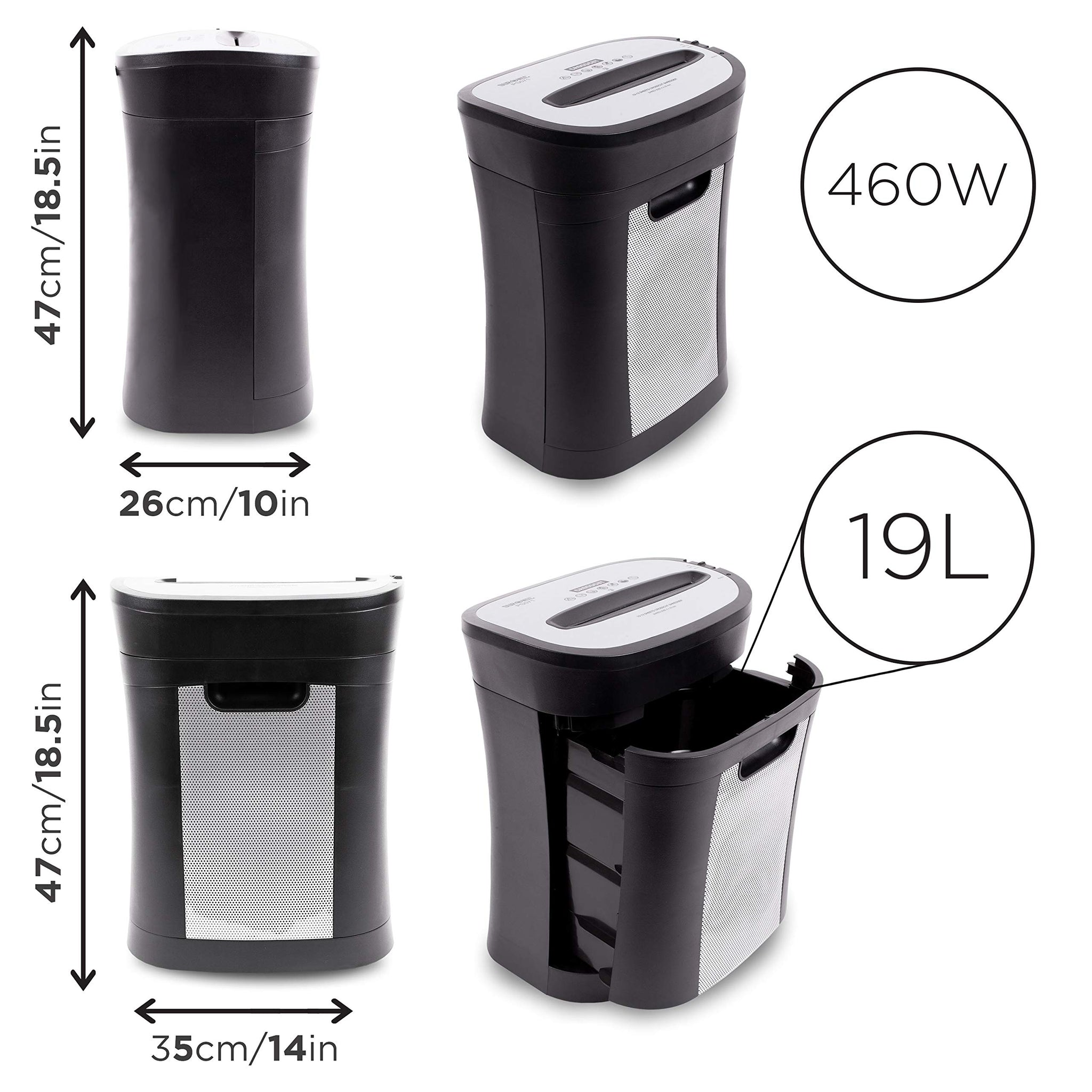 Duronic Cross Cut Paper Shredder with 19L pull-out bin, 460W power, and dimensions shown in inches and centimeters.