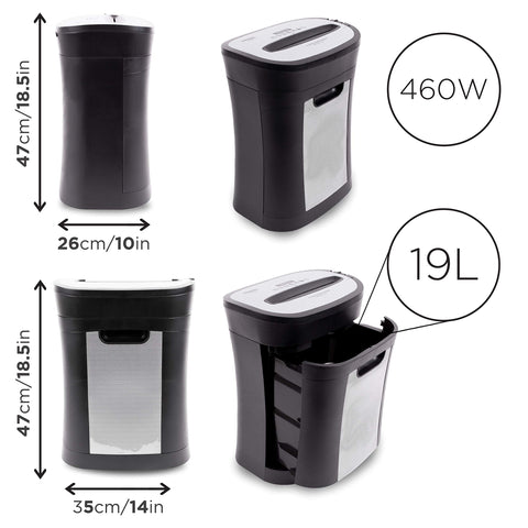 Duronic Cross Cut Paper Shredder with 19L pull-out bin, 460W power, and dimensions shown in inches and centimeters.