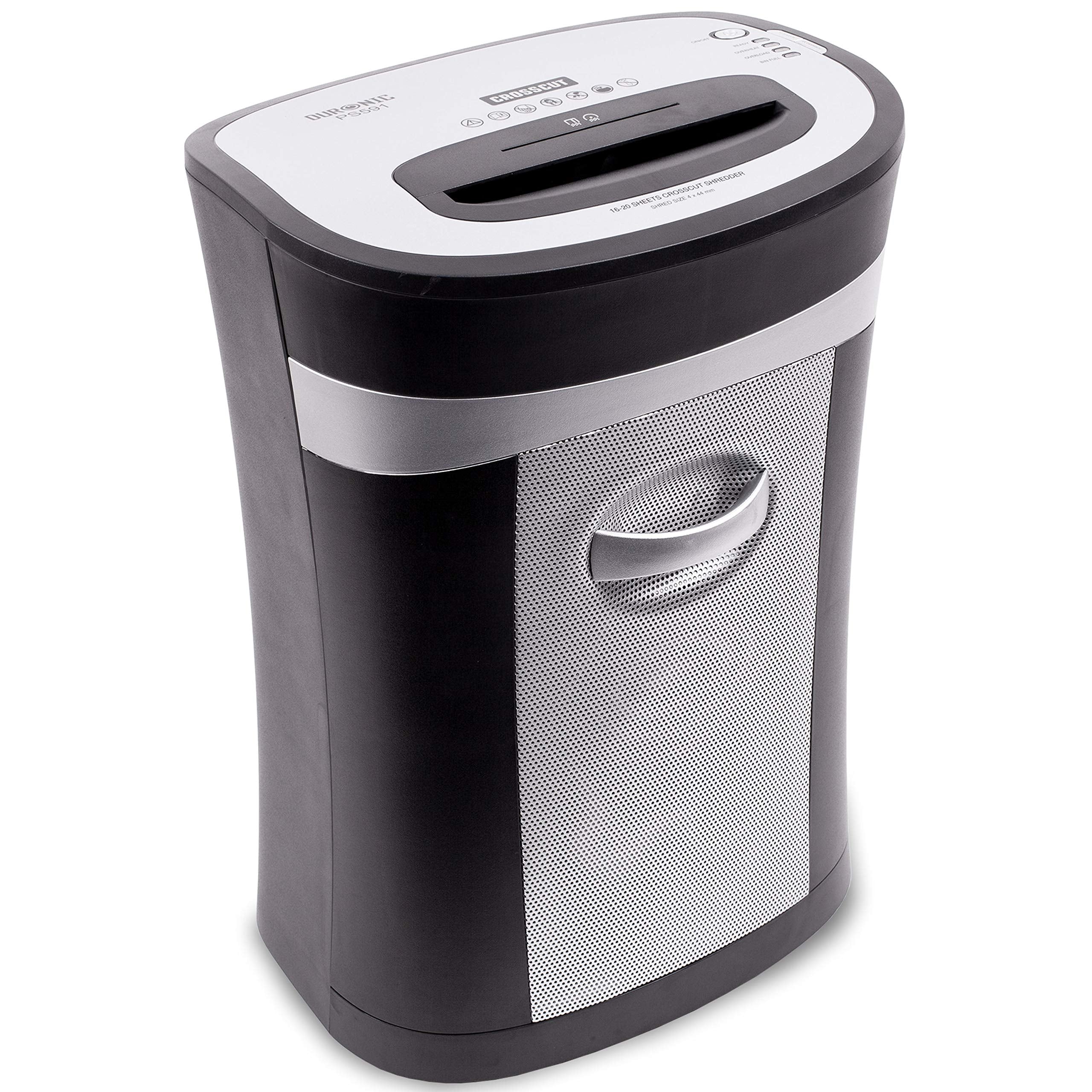 Duronic Cross Cut Paper Shredder with a pull-out bin and integrated handle.