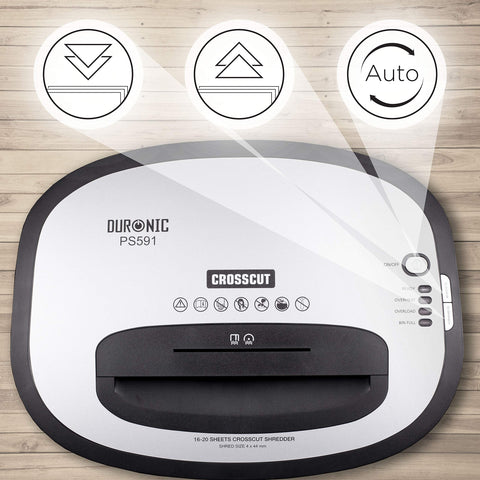 Duronic Cross Cut Paper Shredder with highlighted closeups of its control buttons.