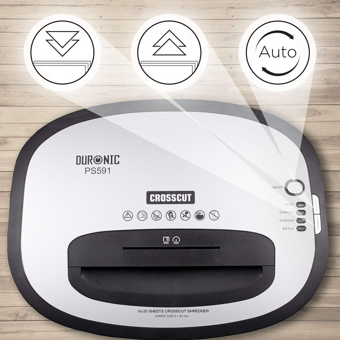 Duronic Cross Cut Paper Shredder with highlighted closeups of its control buttons.