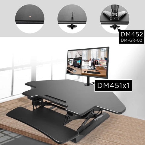 Duronic DM05D5 Corner Sit-Stand  Desk featuring a monitor mount and a built-in keyboard tray.