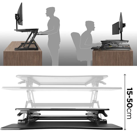 Duronic DM05D5 Corner Sit-Stand Desk shown in both standing and sitting positions with a height range of 15-50cm.