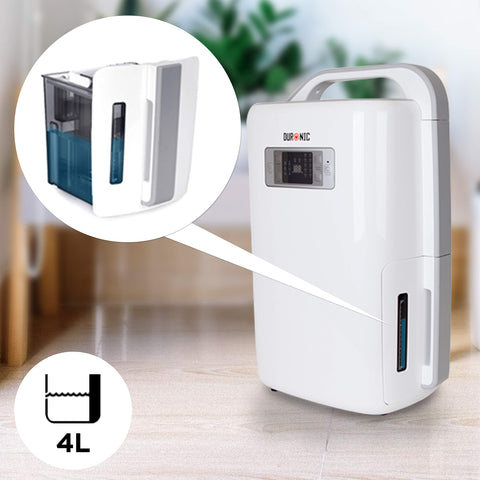 Duronic Dehumidifier featuring a carry handle and a digital display, with a callout highlighting its removable 4L water tank and visible water level indicator.