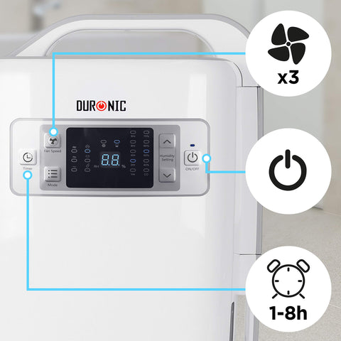 Duronic Dehumidifier featuring a digital display, humidity settings, and callout icons highlighting three fan speeds, an on/off button, and a 1-8 hour timer.