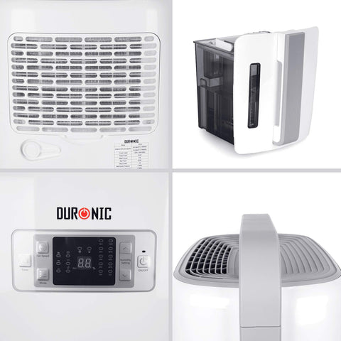 Duronic Dehumidifier highlighting its rear air filter, removable water tank with a transparent window, digital control panel, and sturdy top carry handle.