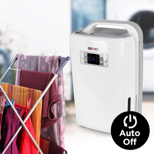 Duronic Dehumidifier with a digital display and auto-off feature stands next to a drying rack of clothes to demonstrate its laundry-drying capabilities.