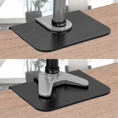 Duronic Desk Mount Reinforcement Plate protecting a wooden desk surface from heavy-duty clamp pressure.
