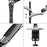 Duronic Desk Mount showing cable management, height adjustment, arm extension, and a desk clamp.