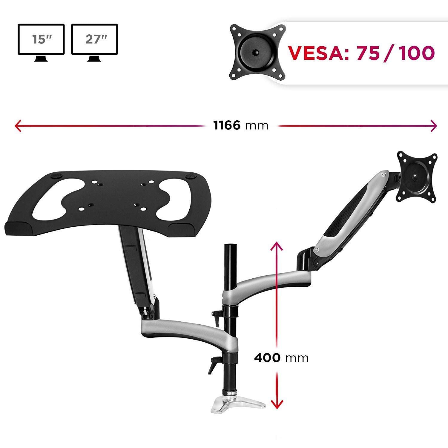 Duronic Desk Mount with VESA compatibility and key dimensions displayed.