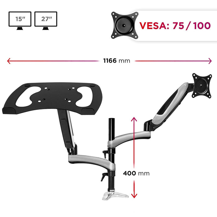 Duronic Desk Mount with VESA compatibility and key dimensions displayed.
