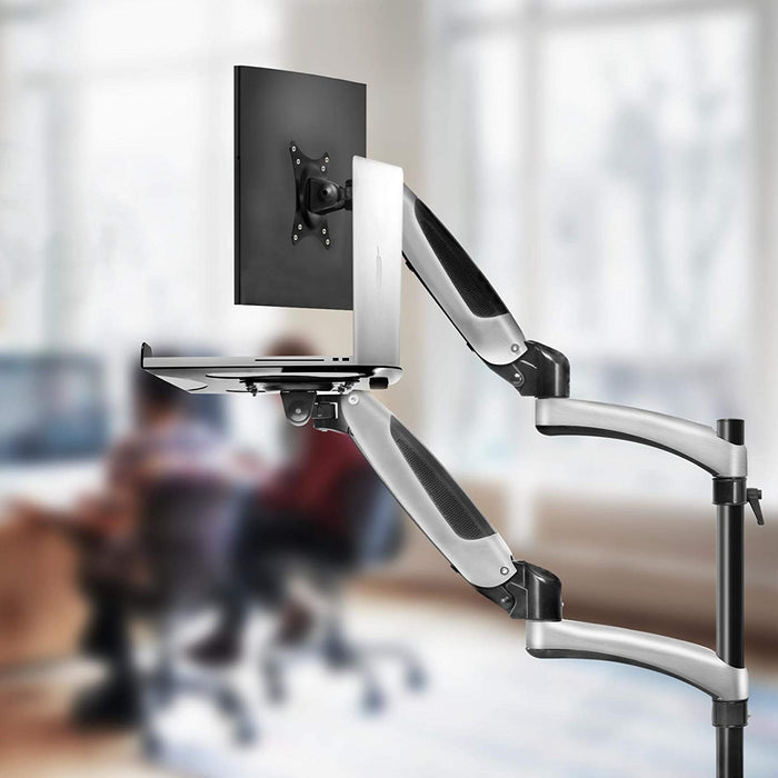 Duronic Desk Mount with adjustable silver gas spring articulating arms.