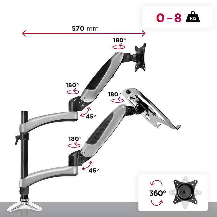 Duronic Desk Mount with silver adjustable arms supporting up to 8 kilograms of weight.