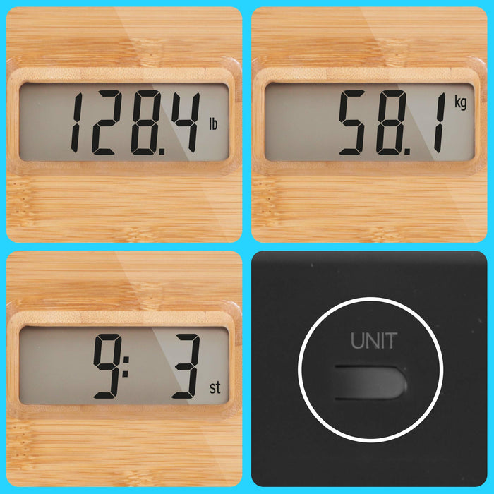 Duronic Digital Bathroom Body Scales displaying weight in pounds, kilograms, and stone with unit toggle button.