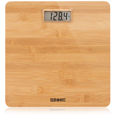 Duronic Digital Bathroom Body Scales featuring a clear LCD display showing a 128.4 lb reading.