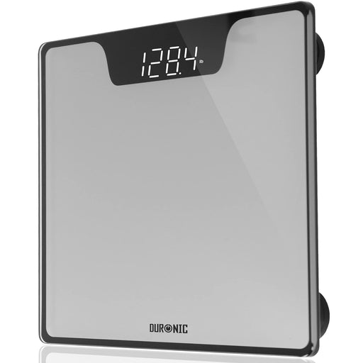 Duronic Digital Bathroom Body Scales featuring a tempered glass platform and a clear LCD weight display.