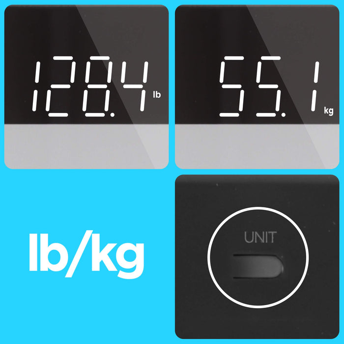 Duronic Digital Bathroom Body Scales showing 128.4 lb and 58.1 kg with a unit toggle button below.