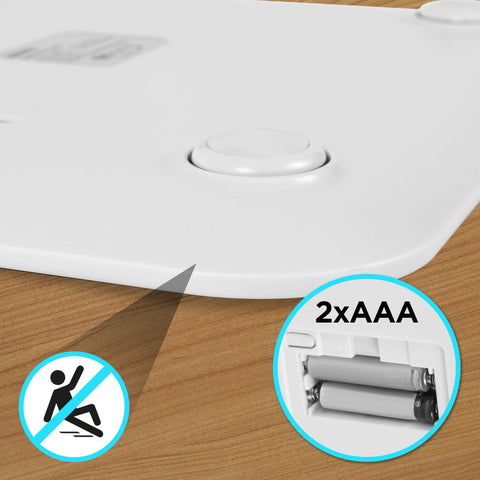 Duronic Digital Bathroom Body Scales showing anti-slip feet and battery compartment requiring two AAA batteries.