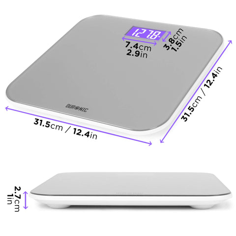Duronic Digital Bathroom Body Scales showing dimensions: 31.5cm square platform, 2.7cm height, and backlit LCD display.