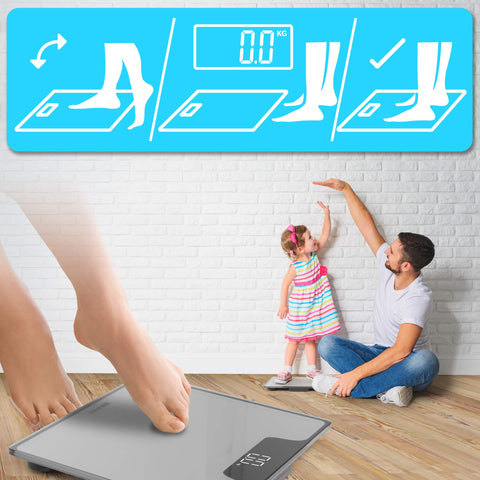 Duronic Digital Bathroom Body Scales showing how to weigh accurately for a healthy family.
