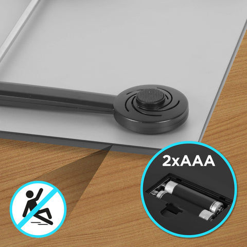 Duronic Digital Bathroom Body Scales showing non-slip feet and a battery compartment requiring 2xAAA batteries.