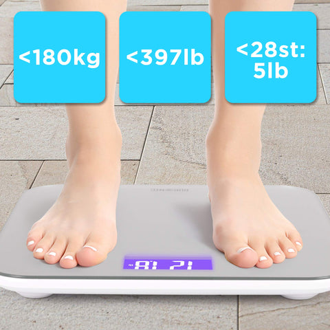Duronic Digital Bathroom Body Scales showing weight capacity in kilograms, pounds, and stone with feet on platform.
