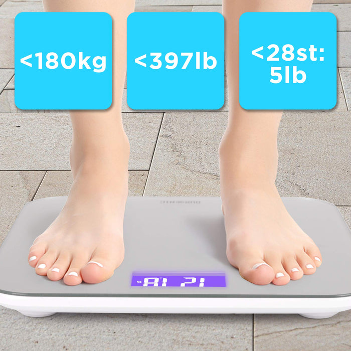 Duronic Digital Bathroom Body Scales showing weight capacity in kilograms, pounds, and stone with feet on platform.
