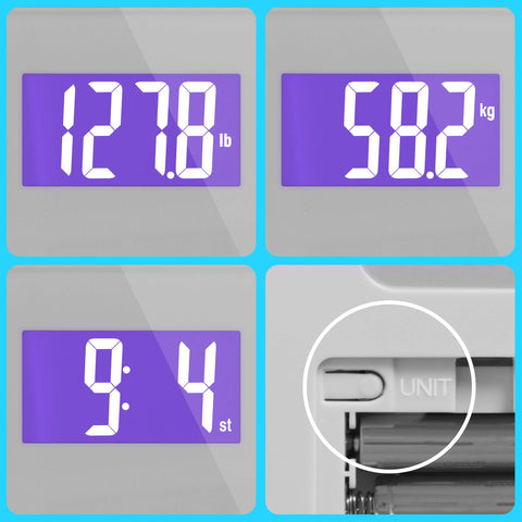 Duronic Digital Bathroom Body Scales showing weight in pounds, kilograms, and stone with unit toggle button.