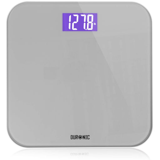 Duronic Digital Bathroom Body Scales  with a purple backlit LCD screen displaying 127.8 lb.