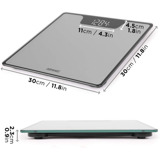 Duronic Digital Bathroom Body Scales with digital display and dimensions showing its slim, 30cm square design.