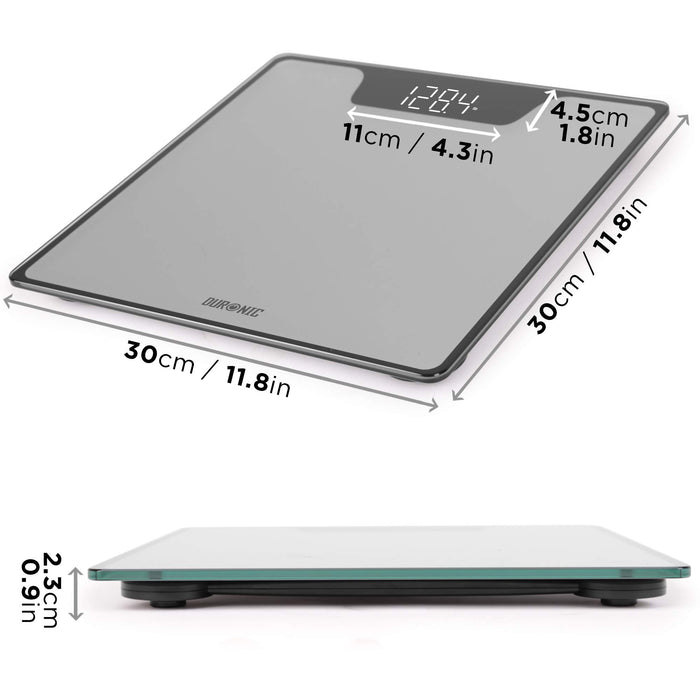 Duronic Digital Bathroom Body Scales with digital display and dimensions showing its slim, 30cm square design.
