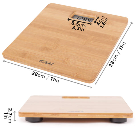Duronic Digital Bathroom Body Scales with dimensions 28cm x 28cm and large LCD display screen.