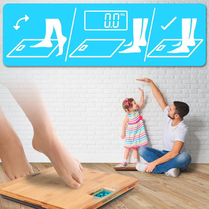 Duronic Digital Bathroom Scales featuring a step-on technology instruction graphic.