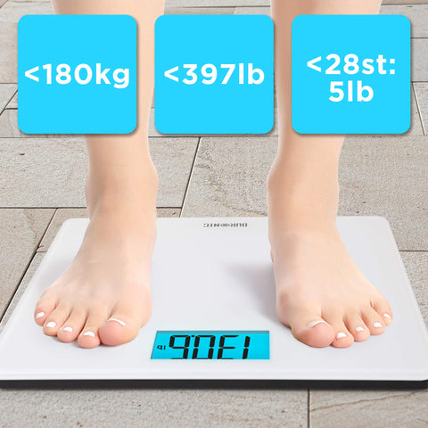 Duronic Digital Bathroom Scales showing 130.6lb with maximum weight capacity icons above.