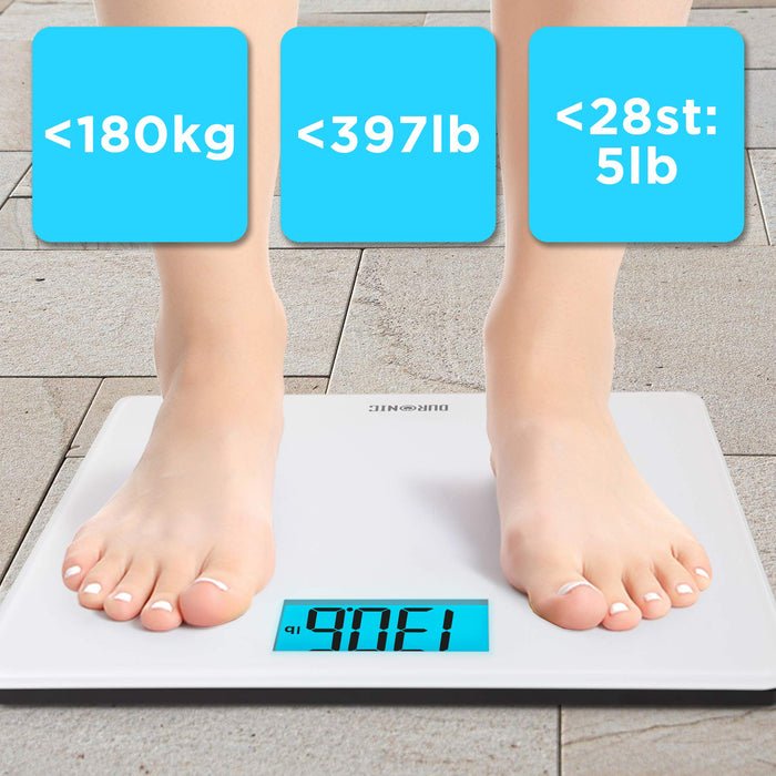 Duronic Digital Bathroom Scales showing 130.6lb with maximum weight capacity icons above.